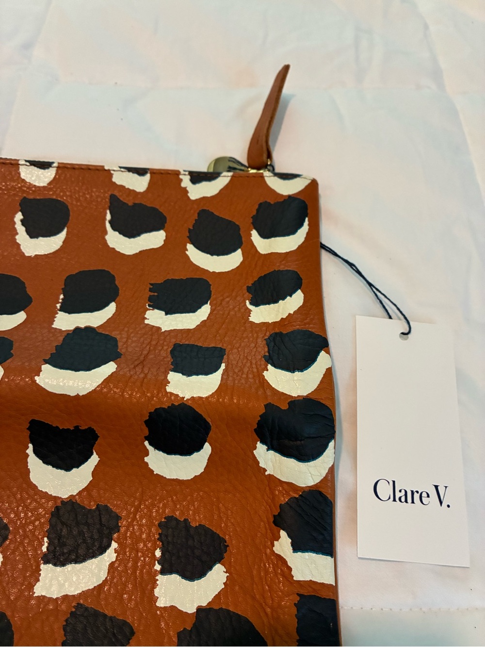 Clare V Leather Pouch in Brown with Navy and Cream Spots